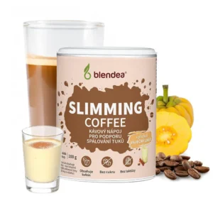 Slimming coffee káva na hubnutí balení s ingrediencemi v pozadí